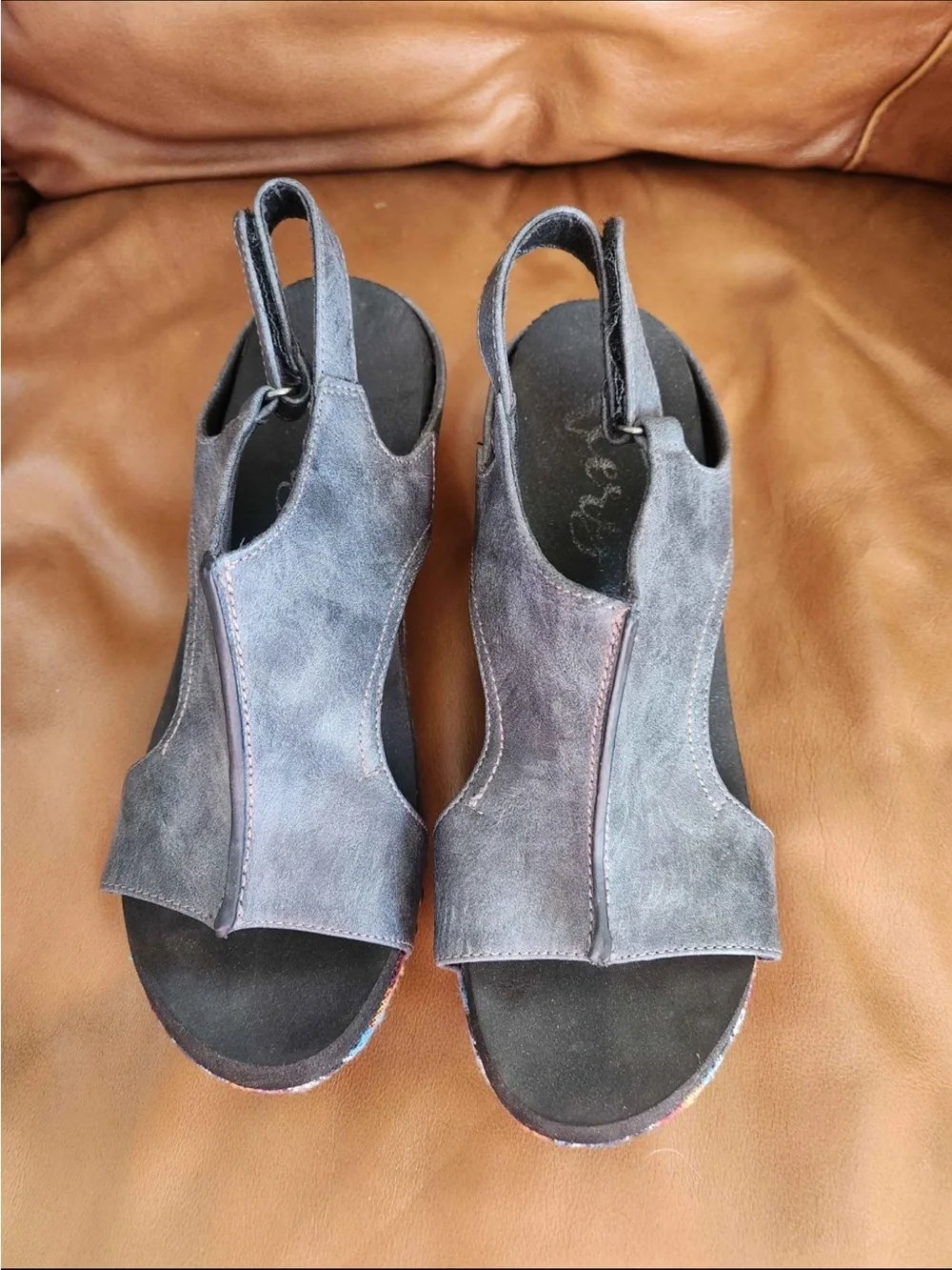 Women's Gray Suede Wedge Sandals with Multicolor Accent